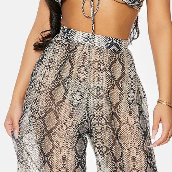 Snake Print Coverup Mesh Sheer Pool Swimwear High Waist Bottom Pants - Picture 4 of 4